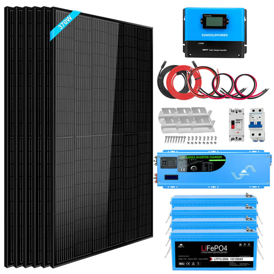 A complete off-grid solar system kit featuring five solar panels, a powerful 6000W inverter charger, four blue LiFePO4 lithium batteries, a charge controller, cables, mounting brackets, and essential electrical components—all organized neatly on a white background.