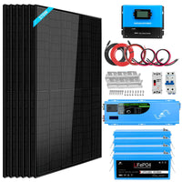 A complete off-grid solar system kit featuring five solar panels, a powerful 6000W inverter charger, four blue LiFePO4 lithium batteries, a charge controller, cables, mounting brackets, and essential electrical components—all organized neatly on a white background.