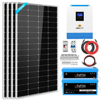 A complete solar power kit with four solar panels, a charge controller, wiring, mounting hardware, and two blue LiFePO4 batteries is displayed. All components are neatly arranged against a white background, creating a clean look enhanced by subtle box shadow effects to give the arrangement depth and clarity.