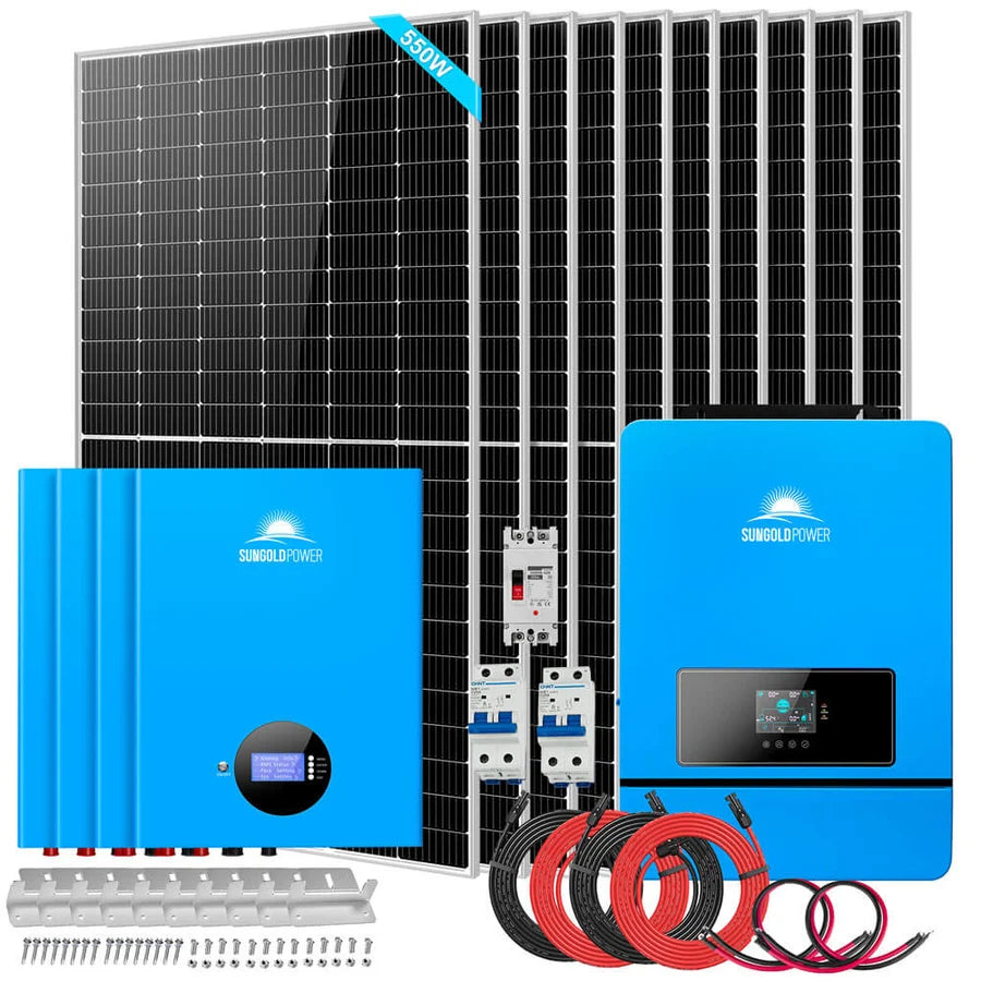 Solar power kit with eight large solar panels, a blue inverter, charge controller, wiring, breakers, and mounting hardware arranged in front of the panels. Kit is labeled 5600W. Please note: this product description does not contain any meaningful product information; only CSS code is referenced and there are no important SEO keywords present.
