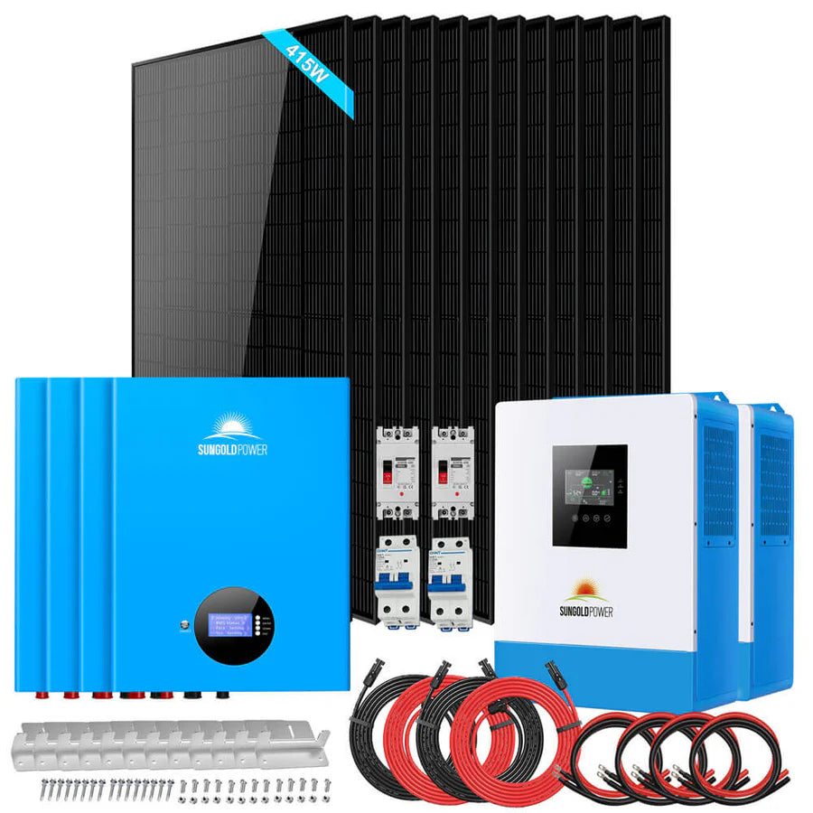 Sungold Power SGM-10M2T 10kW off-grid solar kit with twelve 415W panels and 20.48kWh battery bank
