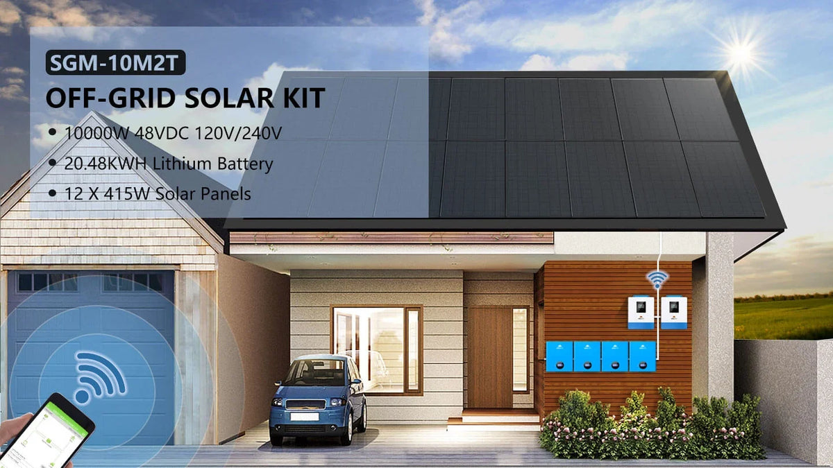Sungold Power Off‑Grid Solar Kit 10,000W 48VDC 120VAC/240V 20.48 kWh Powerwall Lithium Battery 12×415W Solar Panels SGM‑10M2T