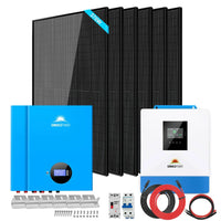 A solar panel kit includes six black solar panels, a blue inverter, a white charge controller with a display, cables, connectors, and mounting hardware, all arranged on a white background. Sorry, but there doesn’t appear to be an actual product description—only CSS code is provided. No relevant SEO keywords can be extracted from this text.
