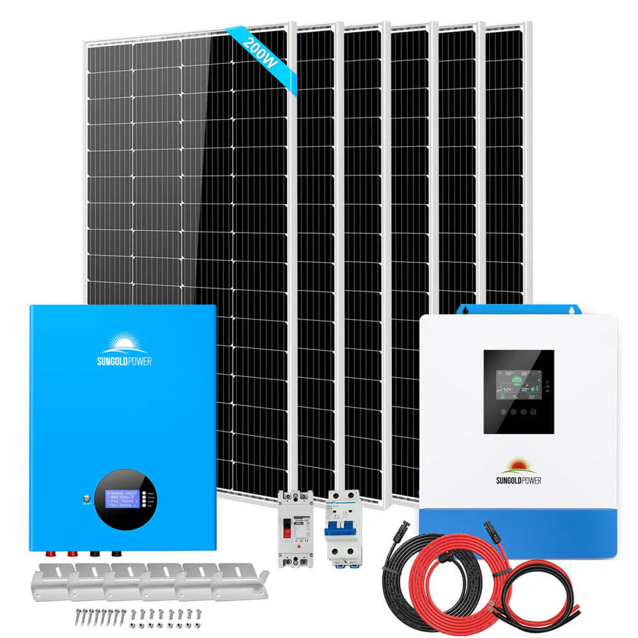 Sungold Power SGM-5K5E 5000W off-grid solar kit with 5.12kWh powerwall battery and six 200W solar panels