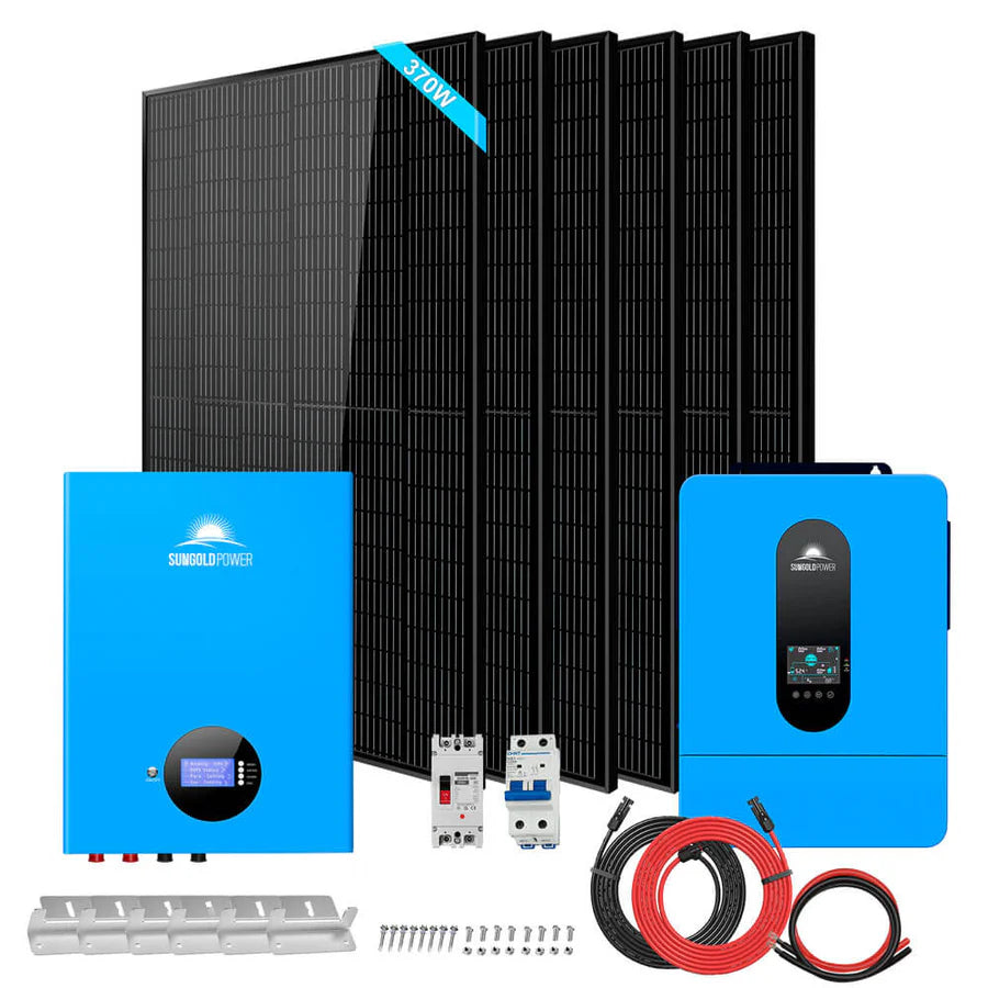 A complete solar power kit with six black solar panels, two blue inverters, electrical switches, cables, mounting brackets, and screws is displayed on a white background that beautifully highlights each component’s color.