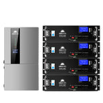 A silver Sungold Power 11.4KW Hybrid Inverter with a digital display is on the left. On the right, four vertically stacked SinoVoltpower SG48-100P split phase battery modules each feature blue digital screens.