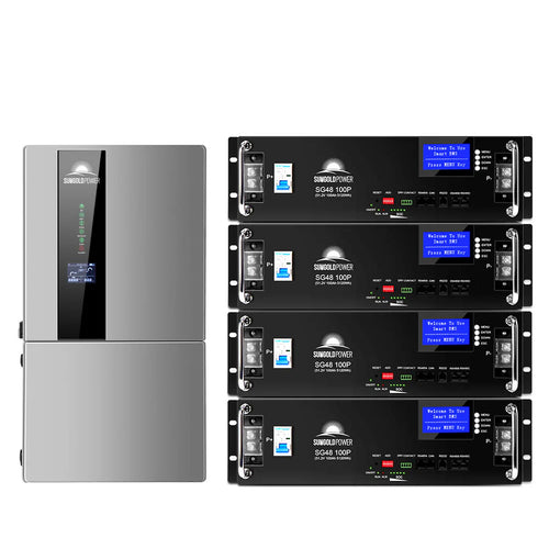 A silver Sungold Power 11.4KW Hybrid Inverter with a digital display is on the left. On the right, four vertically stacked SinoVoltpower SG48-100P split phase battery modules each feature blue digital screens.