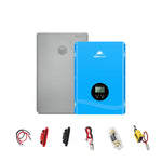 A Sungold Power solar energy kit is shown with a large gray LiFePO4 battery pack, a blue hybrid solar inverter/charger with display, plus various cables, fuses, and connectors arranged below the main components.