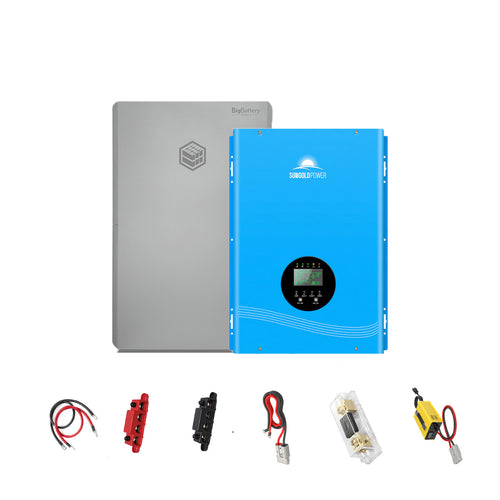 A Sungold Power solar energy kit is shown with a large gray LiFePO4 battery pack, a blue hybrid solar inverter/charger with display, plus various cables, fuses, and connectors arranged below the main components.