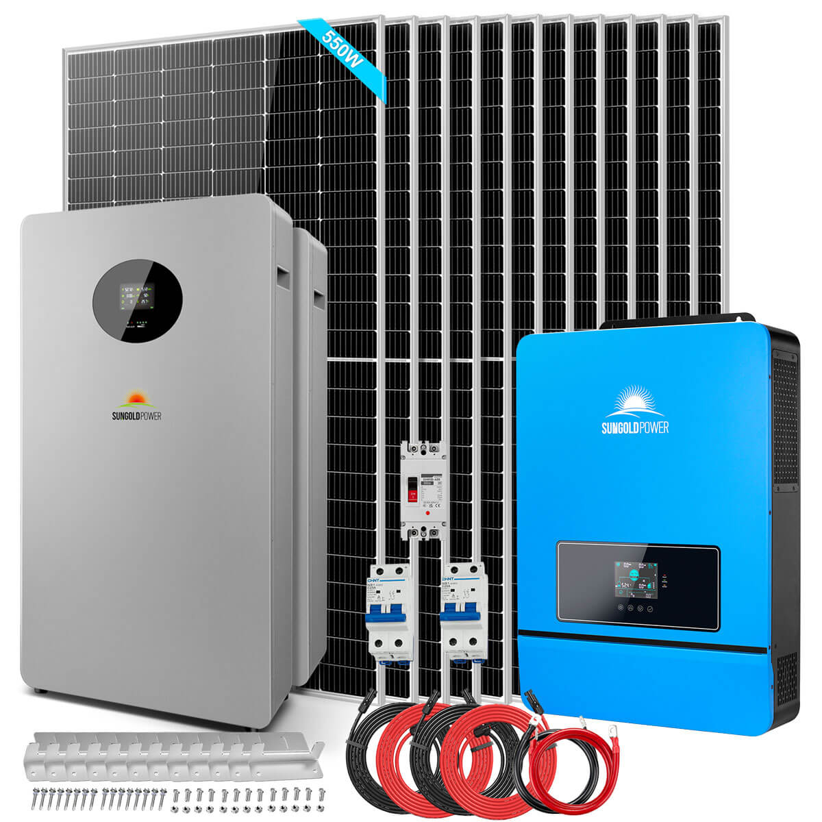 Sungold Power 10kW Off-Grid Solar Kit 48V 120/240V | 32.14kWh PowerMax Outdoor Lithium Battery | 12 x 550W Solar Panels | SGR-10K32P