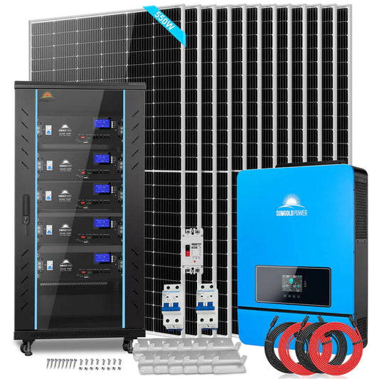 The Sungold Power solar kit includes multiple panels, a large battery storage unit, a blue 10kW inverter, wiring, circuit breakers, and mounting accessories, all neatly arranged against a white background.