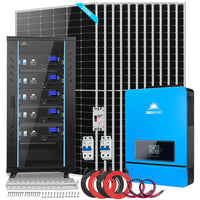 Solar power system kit featuring a blue inverter, a battery storage cabinet, solar panel array, circuit breakers, and cables, all arranged against a white background with sleek box shadow effects that highlight each component.