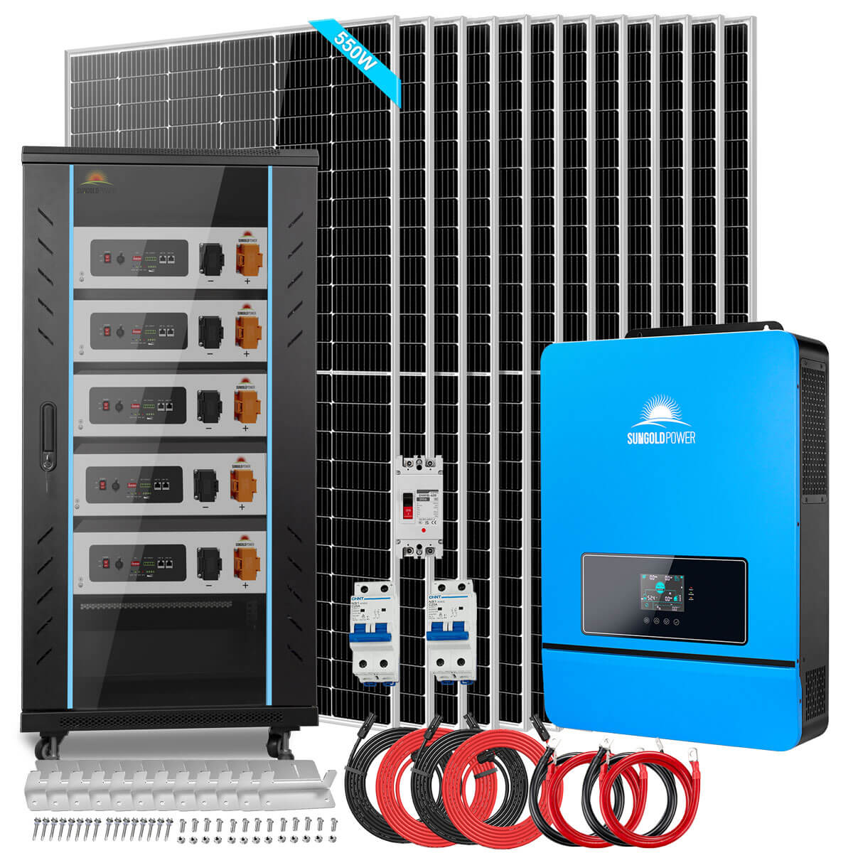 Sungold Power 10kW Off-Grid Solar Kit 48V 120/240V | 32.14kWh PowerMax Outdoor Lithium Battery | 12 x 550W Solar Panels | SGR-10K32P