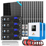 A complete solar power system kit with multiple solar panels, four black inverters, a white-blue inverter, circuit breakers, cables, and mounting hardware—each component arranged neatly against a white background that highlights the clean design and subtle box shadow effect reminiscent of modern technology aesthetics.