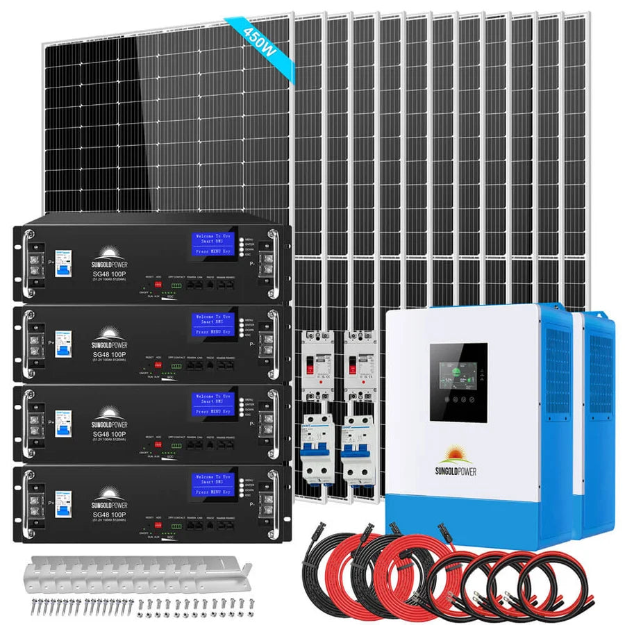 A complete solar power system kit with multiple solar panels, four black inverters, a white-blue inverter, circuit breakers, cables, and mounting hardware—each component arranged neatly against a white background that highlights the clean design and subtle box shadow effect reminiscent of modern technology aesthetics.