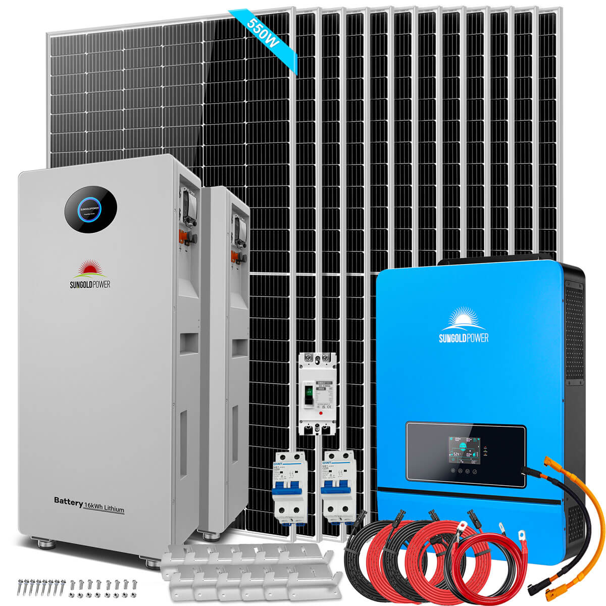 Sungold Power 10kW Off-Grid Solar Kit 48V 120/240V | 32.14kWh PowerMax Outdoor Lithium Battery | 12 x 550W Solar Panels | SGR-10K32P