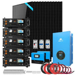 A complete solar power kit with sleek black solar panels, five battery units, a blue inverter and controller, circuit breakers, cables, connectors, screws, and a mounting rail—everything you need for efficient renewable energy installation beautifully arranged against a white background.