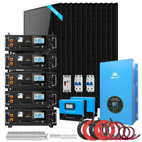 A complete solar power kit with sleek black solar panels, five battery units, a blue inverter and controller, circuit breakers, cables, connectors, screws, and a mounting rail—everything you need for efficient renewable energy installation beautifully arranged against a white background.