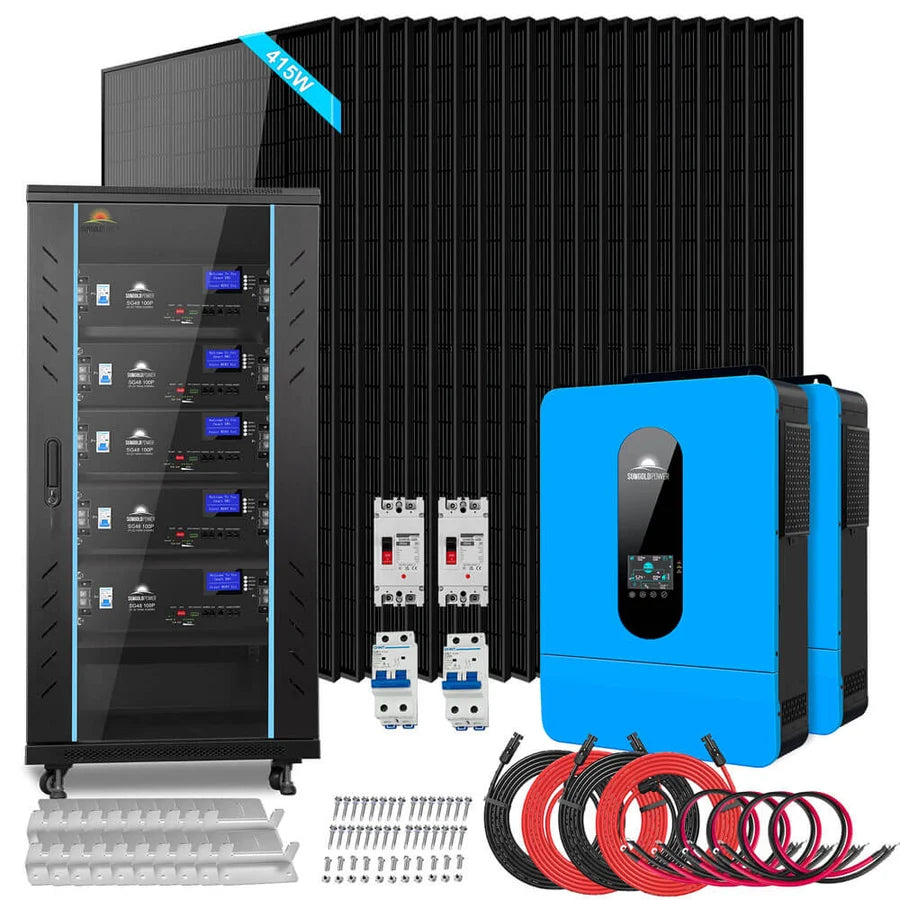 A solar power kit with black solar panels, a tall battery cabinet, two blue inverters, circuit breakers, cables, connectors, and mounting hardware displayed on a white background—designed with modern touches inspired by border radius aesthetics and box shadow effects for a clean, contemporary look.