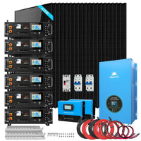 A complete solar power kit with black solar panels, six battery units, a large blue inverter, charge controller, wiring, circuit breakers, mounting brackets, and screws, all neatly arranged on a white background. Sorry, but the provided product description contains only CSS styling information and no actual product details; therefore this listing focuses solely on the visual display of the components.