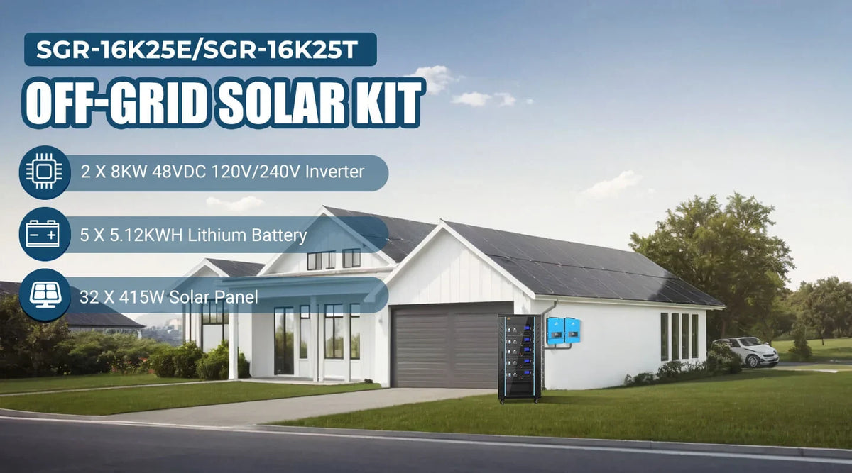 SUNGOLD POWER 16,000W Off-Grid Solar System 48VDC 120V/240V LIFEPO4 25.6kWh Lithium Battery 32 X 415 Watts Solar Panels SGR-16K25E