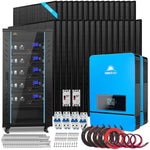 Complete home solar power kit including black solar panels, a blue inverter, a battery bank cabinet with digital displays, circuit breakers, wiring, and mounting hardware—all designed with modern features like smooth border-radius edges and sleek box-shadow effects for an attractive appearance in your home.