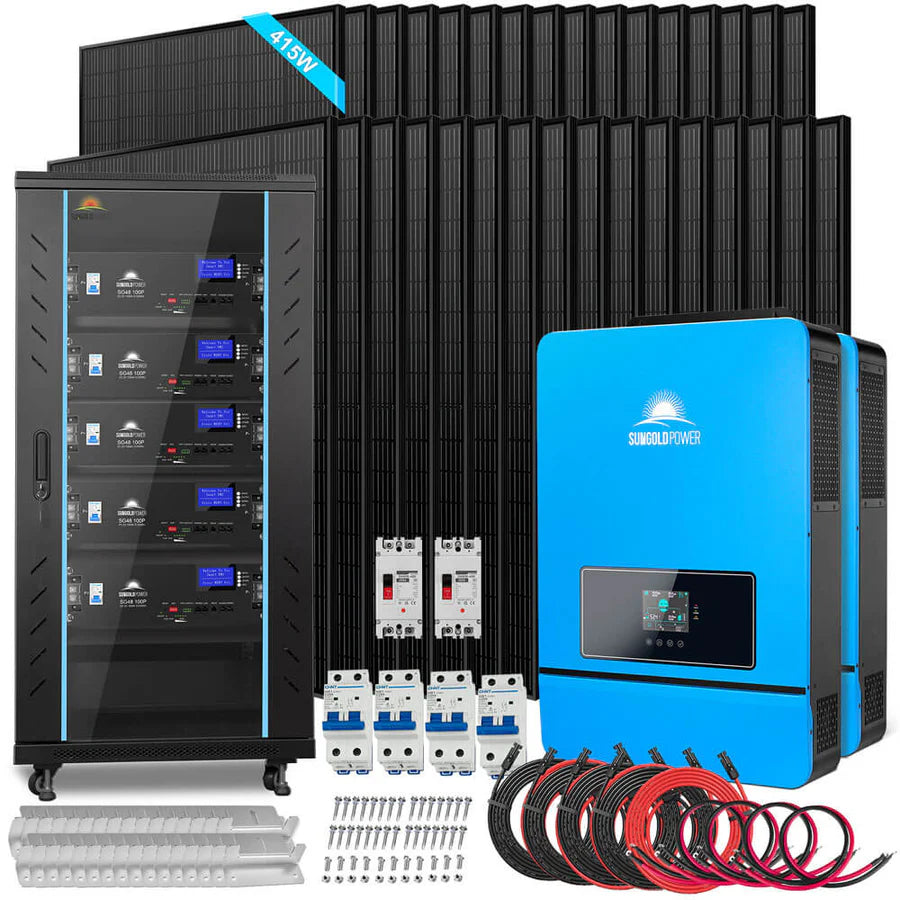 Complete home solar power kit including black solar panels, a blue inverter, a battery bank cabinet with digital displays, circuit breakers, wiring, and mounting hardware—all designed with modern features like smooth border-radius edges and sleek box-shadow effects for an attractive appearance in your home.