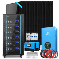 The Sungold Power off-grid solar kit includes high-performance solar panels, a spacious battery storage cabinet, blue inverters, control unit, cables, breakers, and mounting hardware neatly arranged on a white background.
