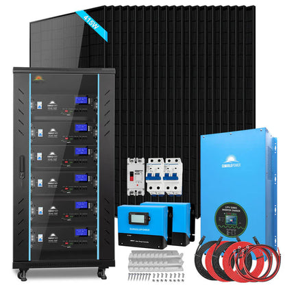 The Sungold Power off-grid solar kit includes high-performance solar panels, a spacious battery storage cabinet, blue inverters, control unit, cables, breakers, and mounting hardware neatly arranged on a white background.