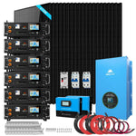 A complete solar power system kit, featuring sleek black solar panels, a vibrant blue inverter, battery units, wiring, mounting hardware, and circuit breakers—each component is thoughtfully arranged side by side on a crisp white background, ensuring easy setup and visual clarity.