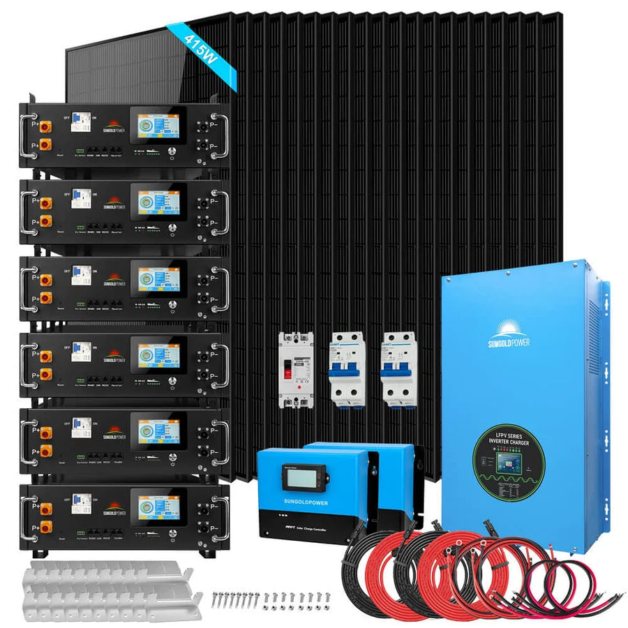 A complete solar power system kit, featuring sleek black solar panels, a vibrant blue inverter, battery units, wiring, mounting hardware, and circuit breakers—each component is thoughtfully arranged side by side on a crisp white background, ensuring easy setup and visual clarity.