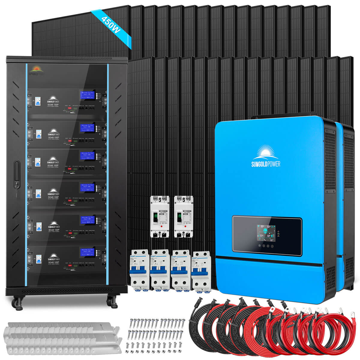 Sungold Power 20kW Off-Grid Solar Kit 48V 120/240V | 32.14kWh PowerMax Outdoor Lithium Battery | 32 x 450W Bifacial Solar Panels | SGR-20K32P