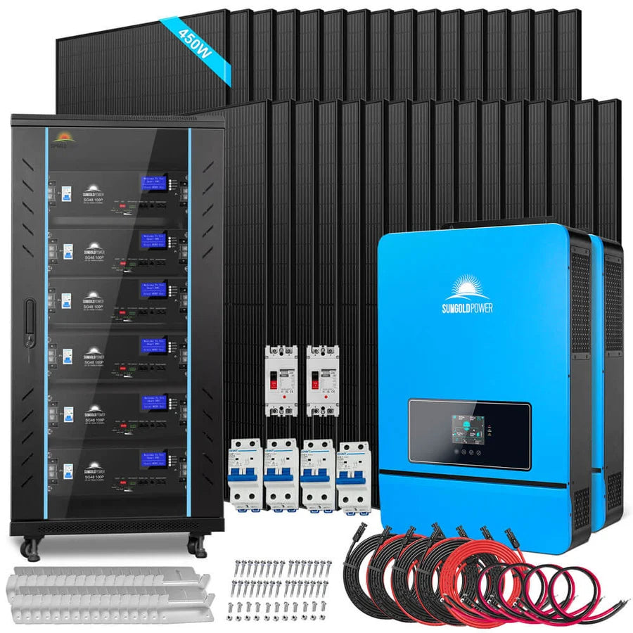 Solar kit featuring multiple black solar panels, a tall battery cabinet, a blue inverter, circuit breakers, cables, and mounting hardware arranged neatly on a white background—ideal for those seeking a 20 kilowatt solar system for efficient off-grid solar solutions.