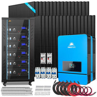 Solar kit featuring multiple black solar panels, a tall battery cabinet, a blue inverter, circuit breakers, cables, and mounting hardware arranged neatly on a white background—ideal for those seeking a 20 kilowatt solar system for efficient off-grid solar solutions.