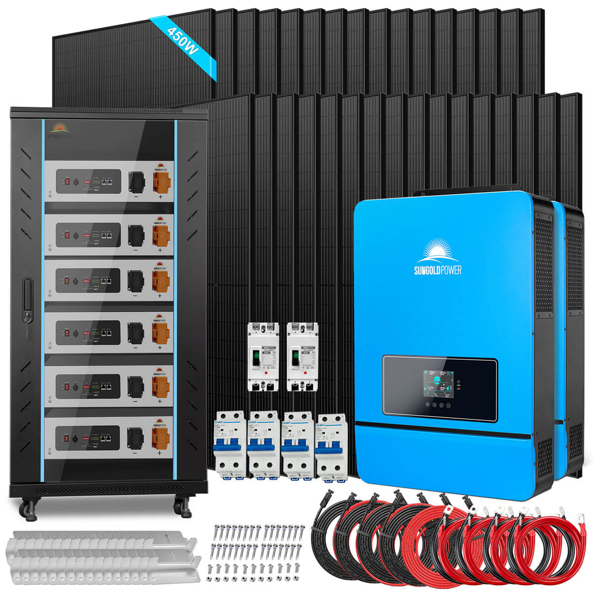 Sungold Power 20kW Off-Grid Solar Kit 48V 120/240V | 32.14kWh PowerMax Outdoor Lithium Battery | 32 x 450W Bifacial Solar Panels | SGR-20K32P