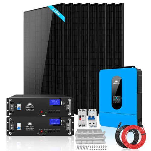 The Sungold Power off-grid solar system kit includes six black panels, two battery units with digital displays, a blue inverter, cables, mounting hardware, circuit breakers, and connectors—ideal for reliable solar power anywhere.