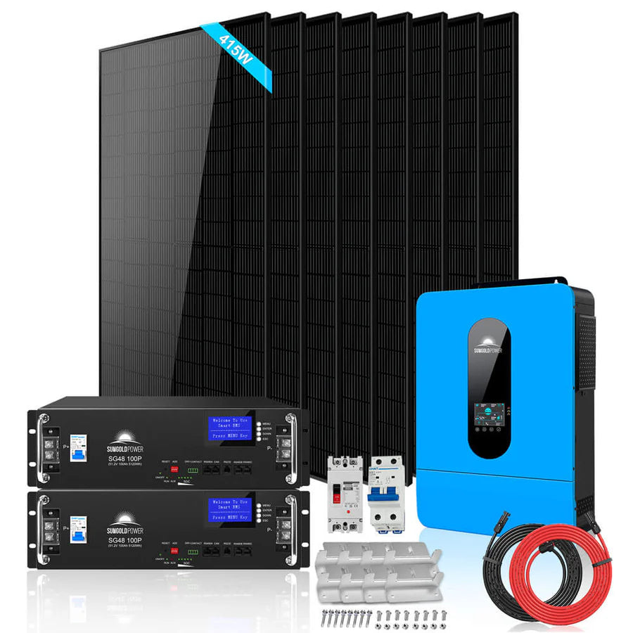 The Sungold Power off-grid solar system kit includes six black panels, two battery units with digital displays, a blue inverter, cables, mounting hardware, circuit breakers, and connectors—ideal for reliable solar power anywhere.
