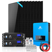 The Sungold Power off-grid solar kit includes six black solar panels, two lithium batteries, a blue inverter, circuit breakers, wiring, and mounting hardware, all neatly arranged on a white background.