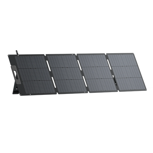 The Bluetti foldable, portable solar panel features four black rectangular sections in a row, a built-in kickstand, rugged durability, and monocrystalline solar cells for efficient outdoor energy collection.
