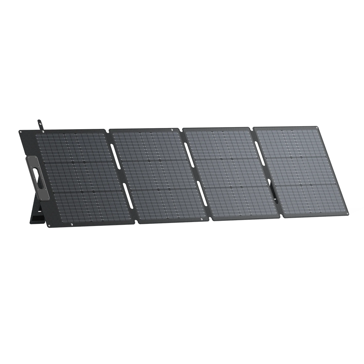 The Bluetti foldable, portable solar panel features four black rectangular sections in a row, a built-in kickstand, rugged durability, and monocrystalline solar cells for efficient outdoor energy collection.