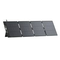 The Bluetti foldable, portable solar panel features four black rectangular sections in a row, a built-in kickstand, rugged durability, and monocrystalline solar cells for efficient outdoor energy collection.