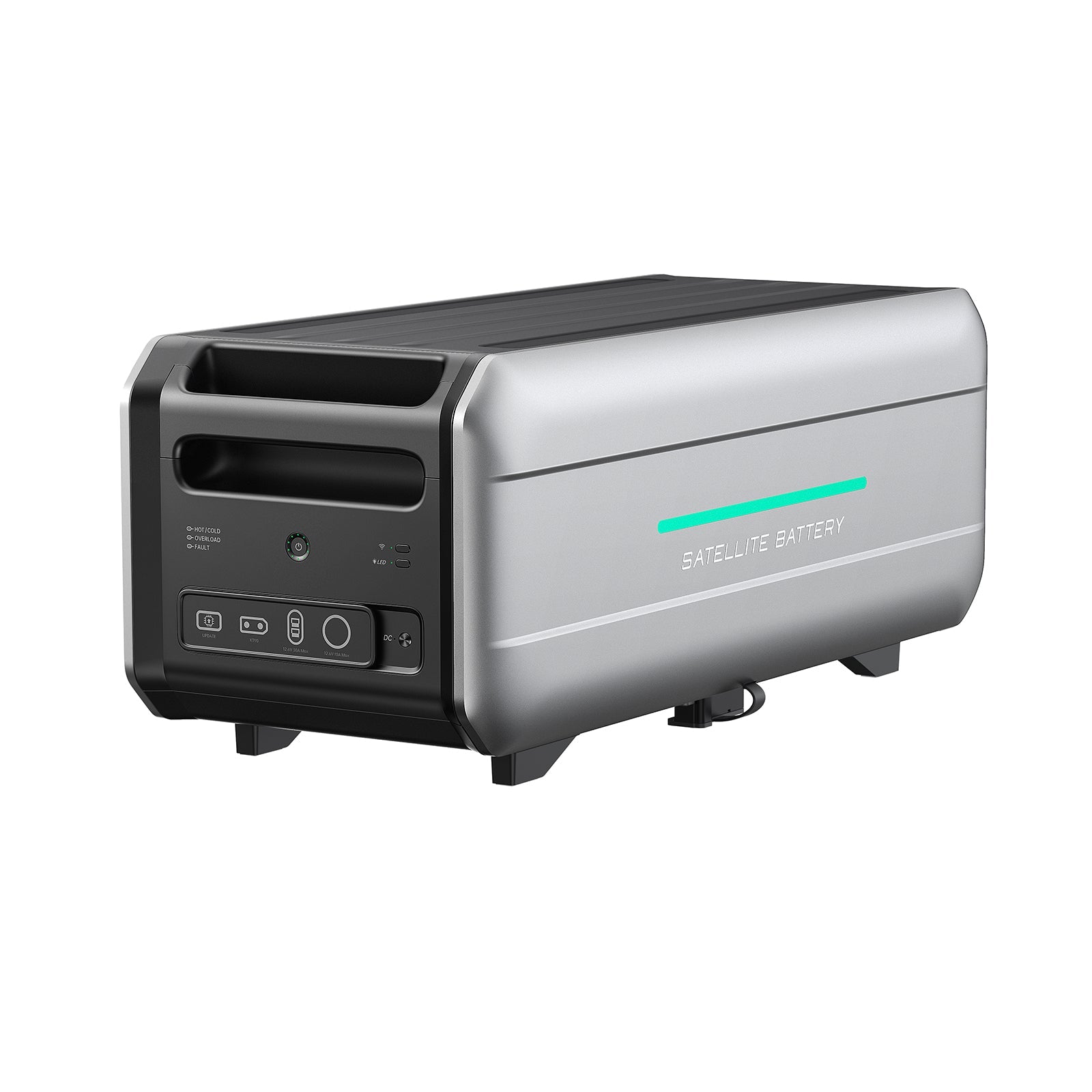 A sleek, rectangular, silver and black Zendure portable power station labeled Satellite Battery features smart energy management, various buttons, ports, and a front-panel LED indicator.