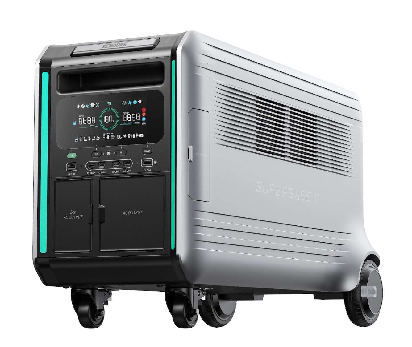 Zendure’s SuperBase V is a modern, silver portable power station with a digital display, LiFePO4 battery, multiple input/output ports, ventilation grilles, four wheels for easy mobility, and glowing blue accent lights on each side.