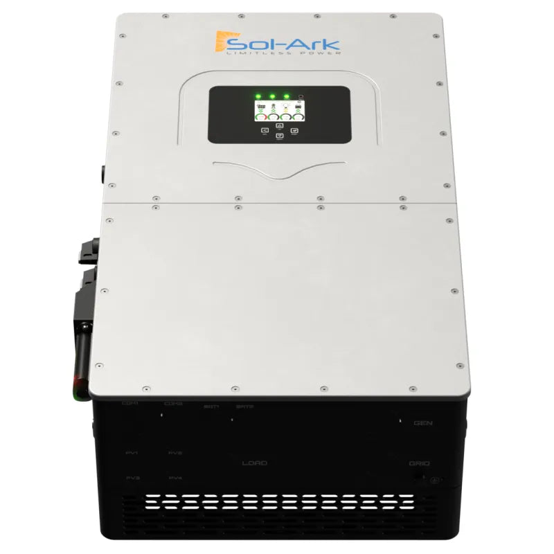 A sleek, silver Sol-Ark inverter with a central digital display showing green indicators, used for AC/DC coupled solar power systems. The rectangular device features visible vents and connection ports.