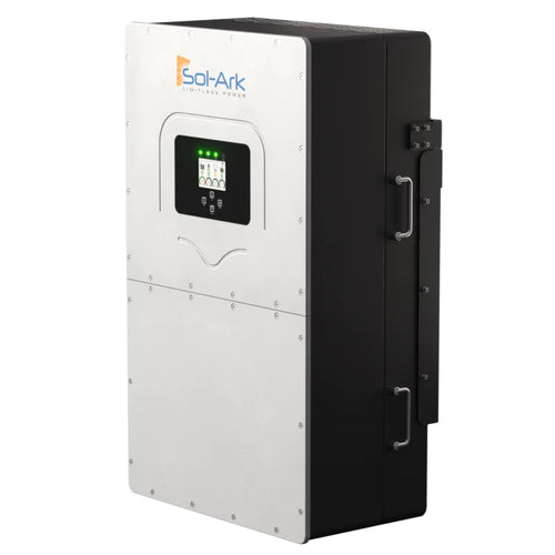 The Sol-Ark power inverter is white and black with a digital display, front panel buttons, AC/DC coupling, side handles, and is mounted vertically.