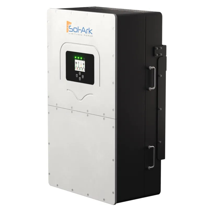 A Sol-Ark 60K inverter features a white front panel with digital display and control buttons, black side panel with mounting handles, supports AC/DC coupling, and displays the Sol-Ark logo at the top.