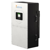 A Sol-Ark 60K inverter features a white front panel with digital display and control buttons, black side panel with mounting handles, supports AC/DC coupling, and displays the Sol-Ark logo at the top.