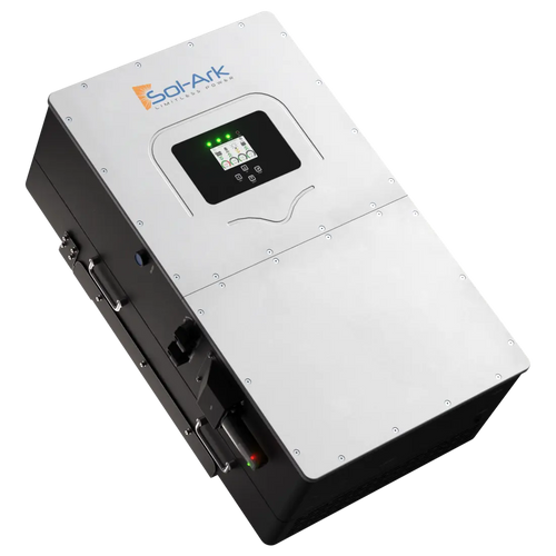 The Sol-Ark 60K inverter features a metal casing, digital display, indicator lights, and control buttons. Designed for solar and backup power systems, it offers reliable AC/DC coupling under the trusted Sol-Ark brand name.