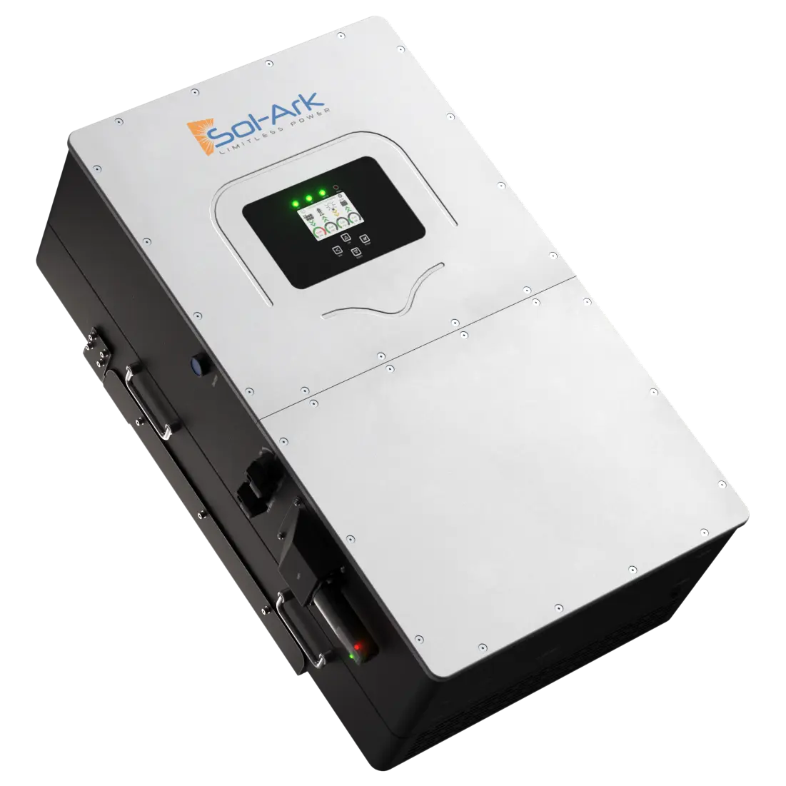 The Sol-Ark 60K inverter features a metal casing, digital display, indicator lights, and control buttons. Designed for solar and backup power systems, it offers reliable AC/DC coupling under the trusted Sol-Ark brand name.