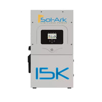Front view of the Sol-Ark 15K hybrid inverter in gray, with central display and controls, bold blue 15K text below, and Sol-Ark logo above—perfect for those seeking energy independence.